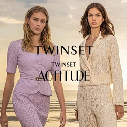 Tre modelli indossano completi in pizzo: un top attillato lavanda con peplum, un blazer e pantaloni in avorio, e un completo testurizzato verde chiaro.