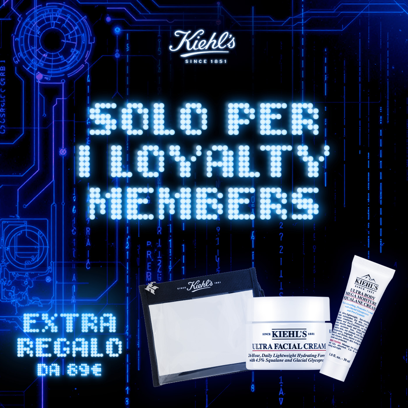 anner dedicato ai membri My Kiehl’s Rewards con kit regalo mostrato e testo ‘Solo per i loyalty members, extra regalo da 89€’.