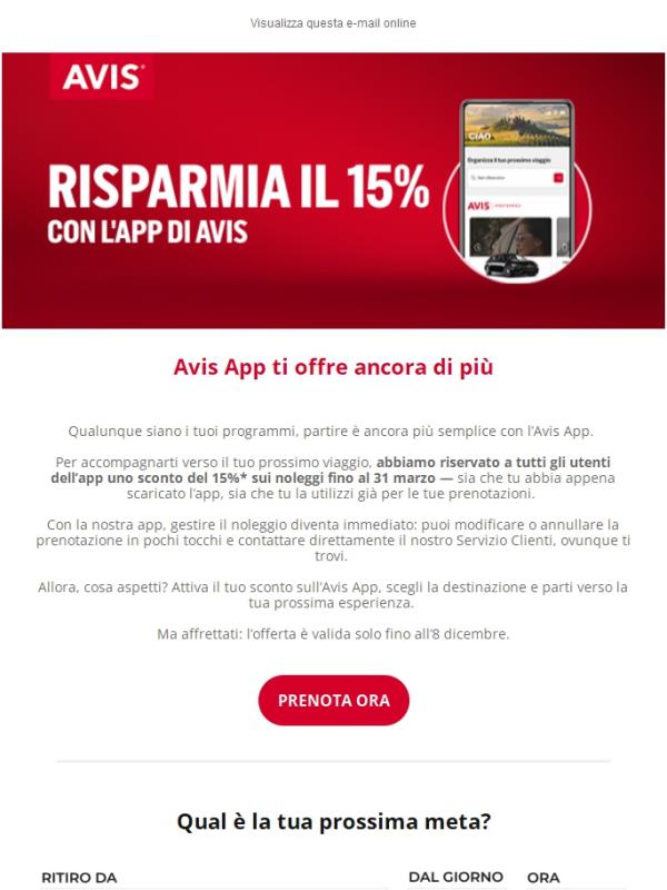Sconto del 15% sui noleggi, solo con Avis app