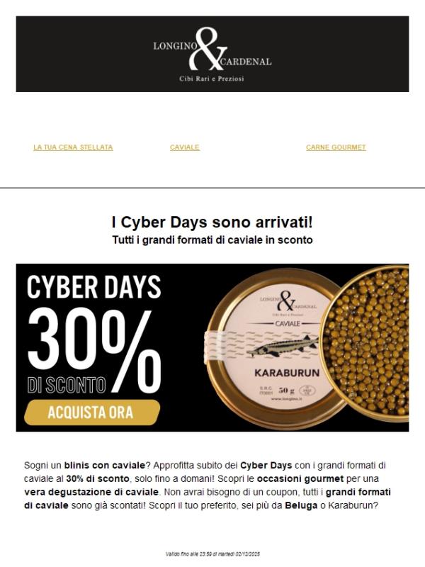 💎 Sono Arrivati i Cyber Days! | 30% di Sconto sul Caviale
