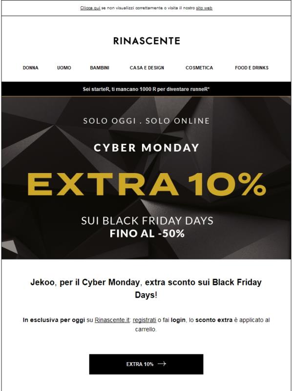 Cyber Monday: extra 10% solo online