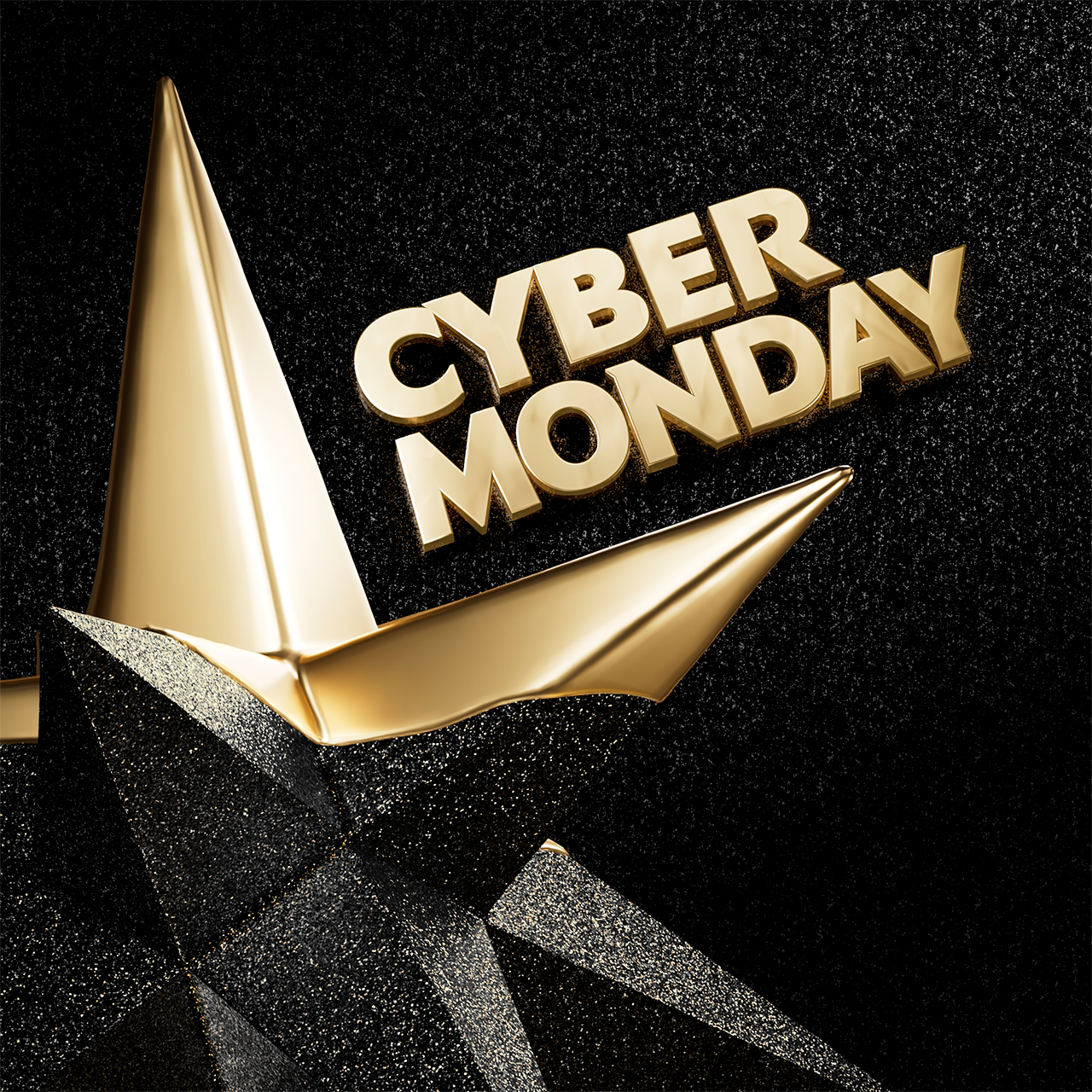 Un primo piano di una stella oro e nera con le parole "CYBER MONDAY" in lettere dorate e in grassetto, su uno sfondo scuro e scintillante.