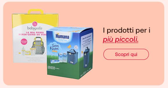 „Banner con confezioni BabyGella Borsa-zaino da viaggio e Humana Baby Care. Testo: ‘I prodotti per i più piccoli.’ Pulsante rosso: Scopri qui. Sfondo rosa chiaro.“ „Banner con confezioni BabyGella Borsa-zaino da viaggio e Humana Baby Care. Testo: ‘I prodotti per i più piccoli.’ Pulsante rosso: Scopri qui. Sfondo rosa chiaro.“