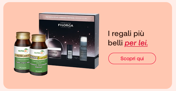 „Banner con cofanetto Filorga e integratori Nutra-Be Nutra Jamaal e Nutra 3 Plus. Testo: ‘I regali più belli per lei.’ Pulsante rosso: Scopri qui. Sfondo rosa chiaro.“ „Banner con cofanetto Filorga e integratori Nutra-Be Nutra Jamaal e Nutra 3 Plus. Testo: ‘I regali più belli per lei.’ Pulsante rosso: Scopri qui. Sfondo rosa chiaro.“