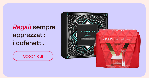 „Banner con cofanetti regalo Amorelie e Vichy Anti-Étá Globale. Testo: ‘Regali sempre apprezzati: i cofanetti.’ Pulsante rosso: Scopri qui. Sfondo lilla.“ „Banner con cofanetti regalo Amorelie e Vichy Anti-Étá Globale. Testo: ‘Regali sempre apprezzati: i cofanetti.’ Pulsante rosso: Scopri qui. Sfondo lilla.“
