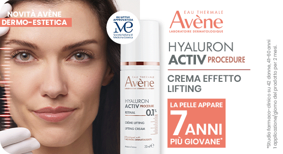 „Banner Avène Eau Thermale: primo piano di una donna che tocca il viso, accanto al flacone Hyaluron Activ Procedure Crema Effetto Lifting. Testo: ‘Novità Avène dermo-estetica. La pelle appare 7 anni più giovane.’ Sfondo chiaro con logo Avène.“ „Banner Avène Eau Thermale: primo piano di una donna che tocca il viso, accanto al flacone Hyaluron Activ Procedure Crema Effetto Lifting. Testo: ‘Novità Avène dermo-estetica. La pelle appare 7 anni più giovane.’ Sfondo chiaro con logo Avène.“