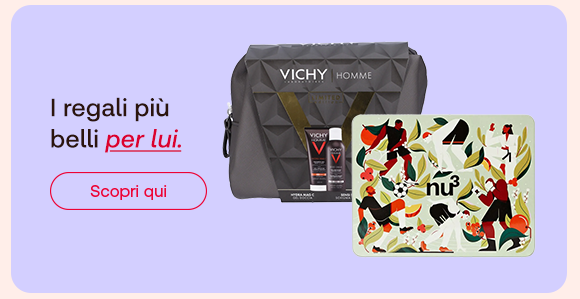 „Banner con set Vichy Homme e confezione regalo nu3. Testo: ‘I regali più belli per lui.’ Pulsante rosso: Scopri qui. Sfondo lilla.“ „Banner con set Vichy Homme e confezione regalo nu3. Testo: ‘I regali più belli per lui.’ Pulsante rosso: Scopri qui. Sfondo lilla.“