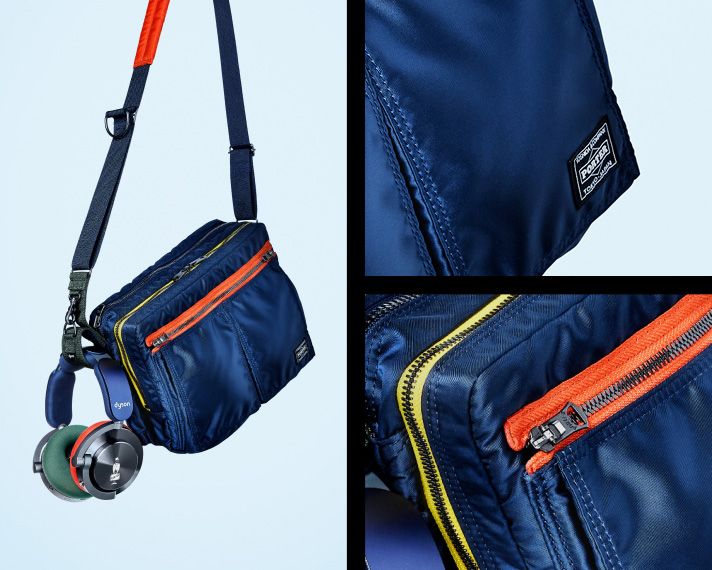 Tre inquadrature che mostrano le cuffie Dyson OnTrac | PORTER in edizione limitata e la borsa a tracolla PORTER.