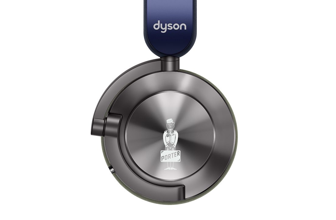 A close up of the right ear cap, showing the PORTER emblem etched on it.