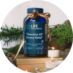 alt="Life Extension Theanine XR Stress Relief Bottiglia decorata con un nastro tra rami sempreverdi e candele.»