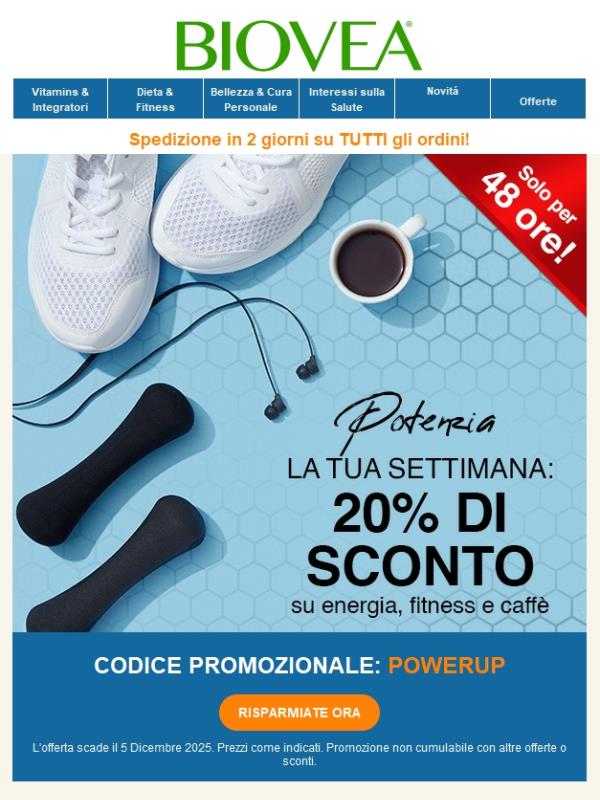 Ricarica la tua routine ⚡ Risparmi Cyber Week: 20% di sconto su essenziali fitness ed energia!