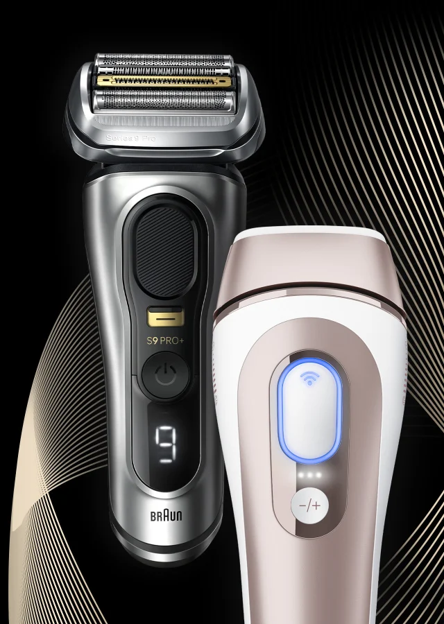Immagine di due prodotti Braun, a sinistra il rasoio elettrico Series 9, a destra la luce pulsata Skin-i-expert