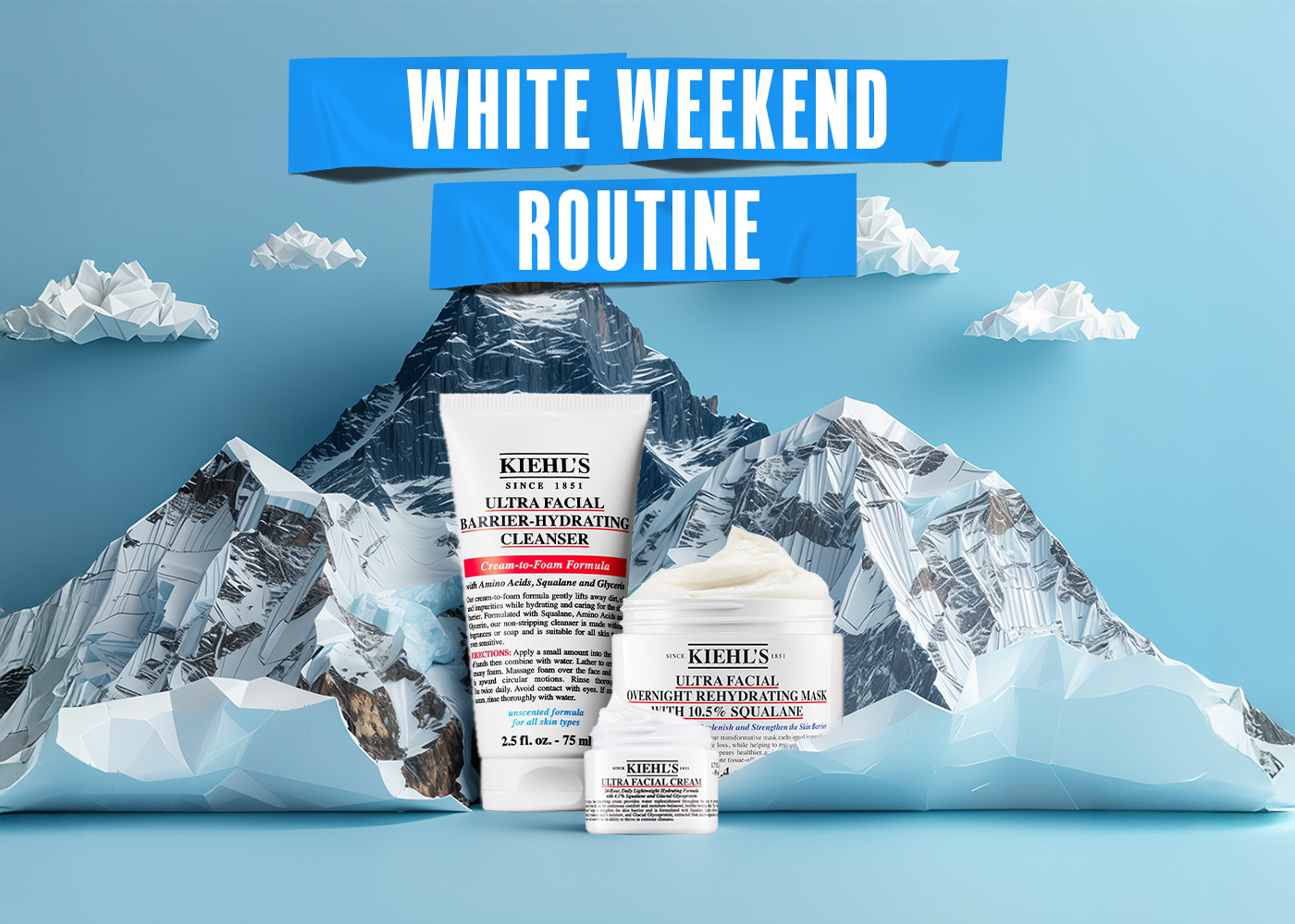 Prodotti Kiehl’s davanti a montagne ghiacciate con testo ‘White Weekend Routine’.