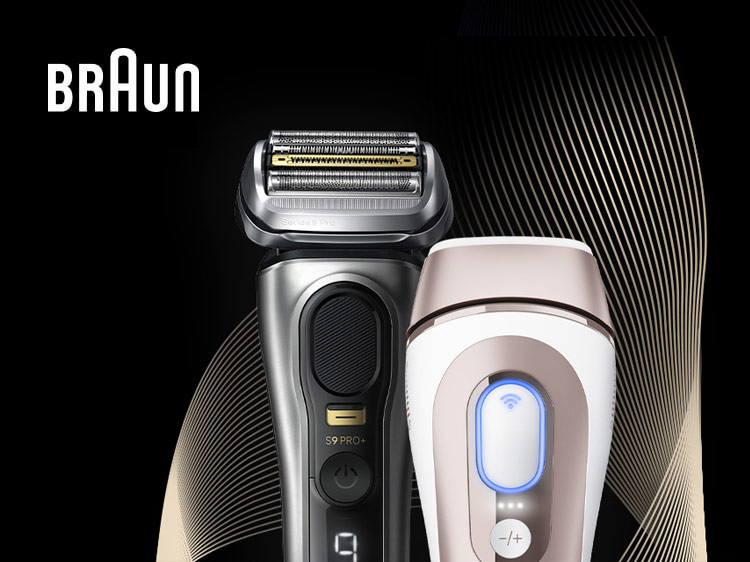 Immagine di due prodotti Braun, a sinistra il rasoio elettrico Series 9, a destra la luce pulsata Skin-i-expert