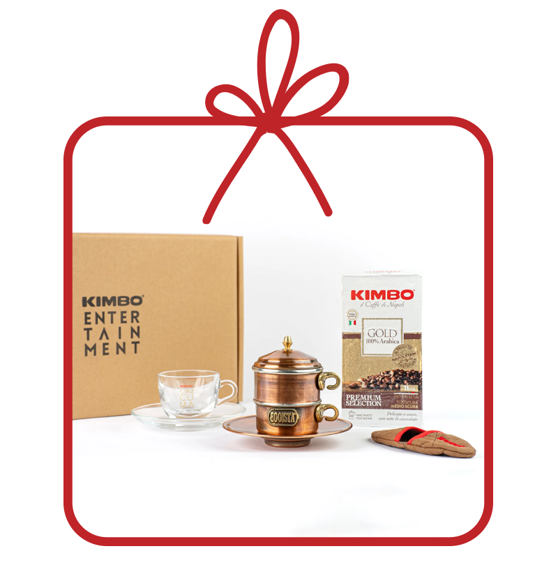 Kit - Caffettiera Napoletana "Egoista" in Rame Spazzolata + 1 Tazzina + 1 Presina + Caffè Macinato Gold 100% Arabica 250g