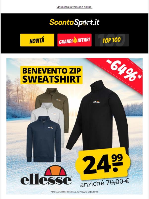 Felpa con zip ellesse Benevento a soli 24,99 €! 🔥 Prezzo caldo per temperature rigide! ❄️