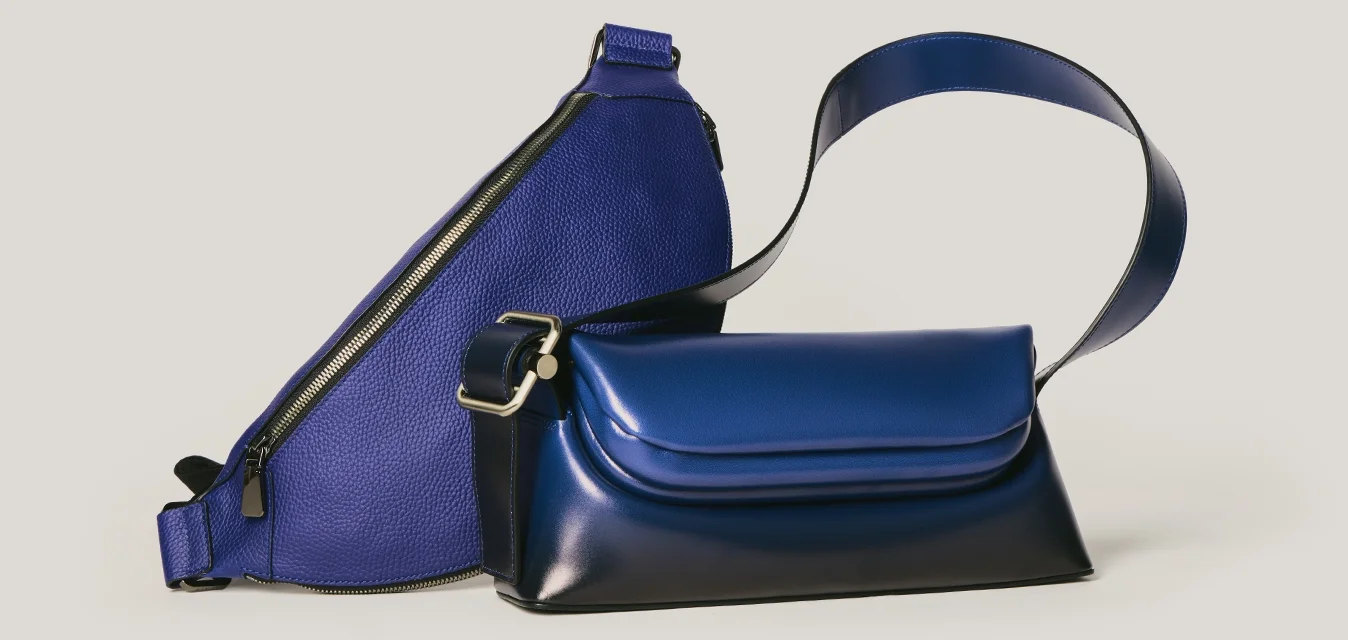 Due borse blu: una borsa a tracolla triangolare con cerniera, una borsa rettangolare con pattina frontale e tracolla larga su uno sfondo chiaro.