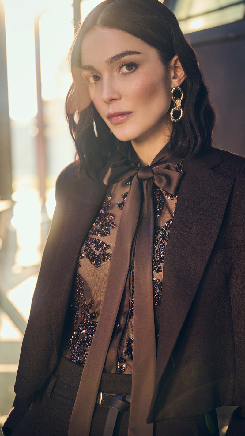 CAMICIA MARRONE IN TULLE RICAMO PAILLETTES