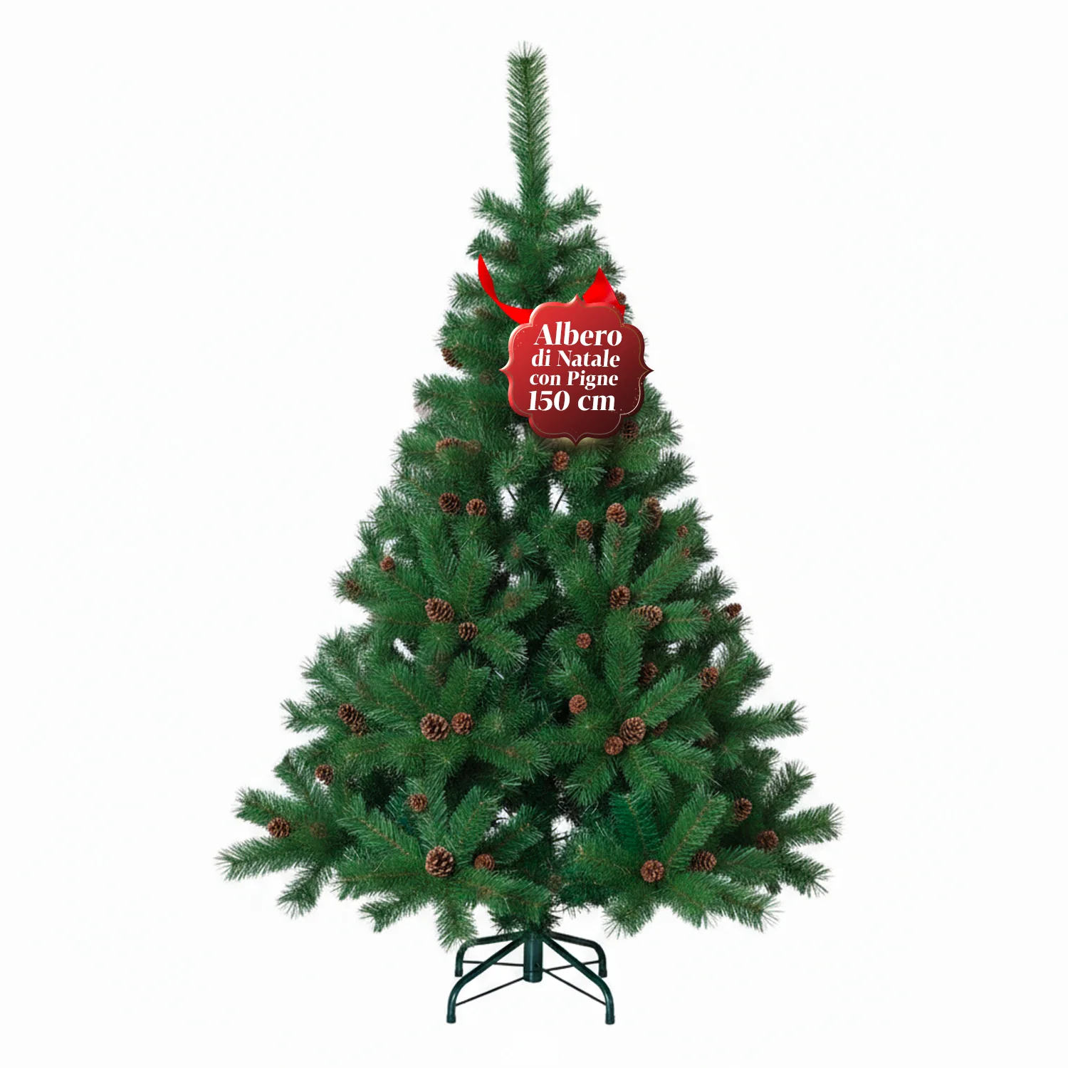 Image of Albero di Natale Verde Realistico con Pigne e Base in Metallo – 150/180/210 cm