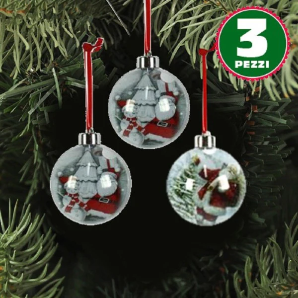 3 Palline Natalizie Trasparenti Con Stampa Babbo Natale Nastro Colore Rosso