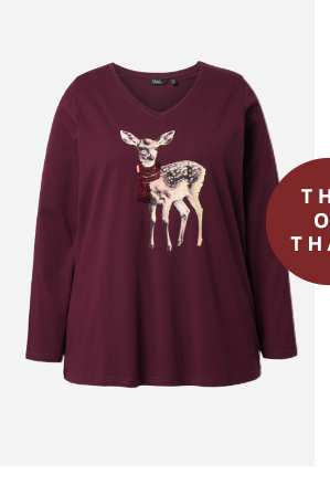 Maglia dal taglio svasato con giovane capriolo, paillettes, scollo a V e maniche lunghe