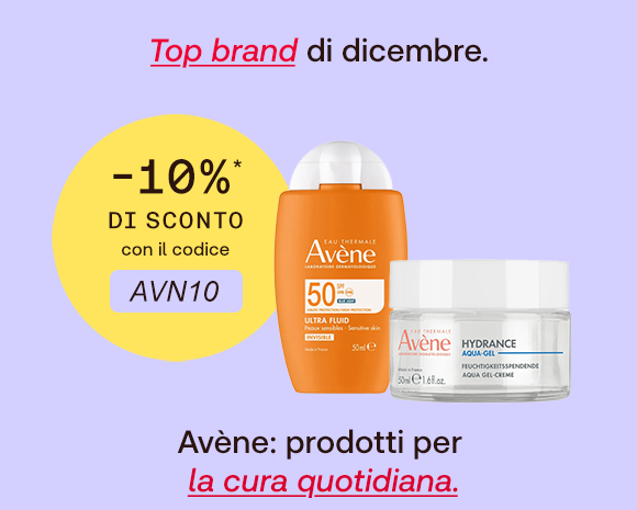 „Banner Avène: prodotti solari Avène SPF 50 Ultra Fluid e Hydrance Aqua-Gel su sfondo lilla. Bollino giallo con testo: ‘-10% di sconto con il codice AVN10’. Testo: ‘Top brand di dicembre. Avène: prodotti per la cura quotidiana.’“ „Banner Avène: prodotti solari Avène SPF 50 Ultra Fluid e Hydrance Aqua-Gel su sfondo lilla. Bollino giallo con testo: ‘-10% di sconto con il codice AVN10’. Testo: ‘Top brand di dicembre. Avène: prodotti per la cura quotidiana.’“