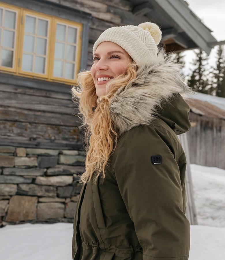 Woman wearing Helly Hansen parka