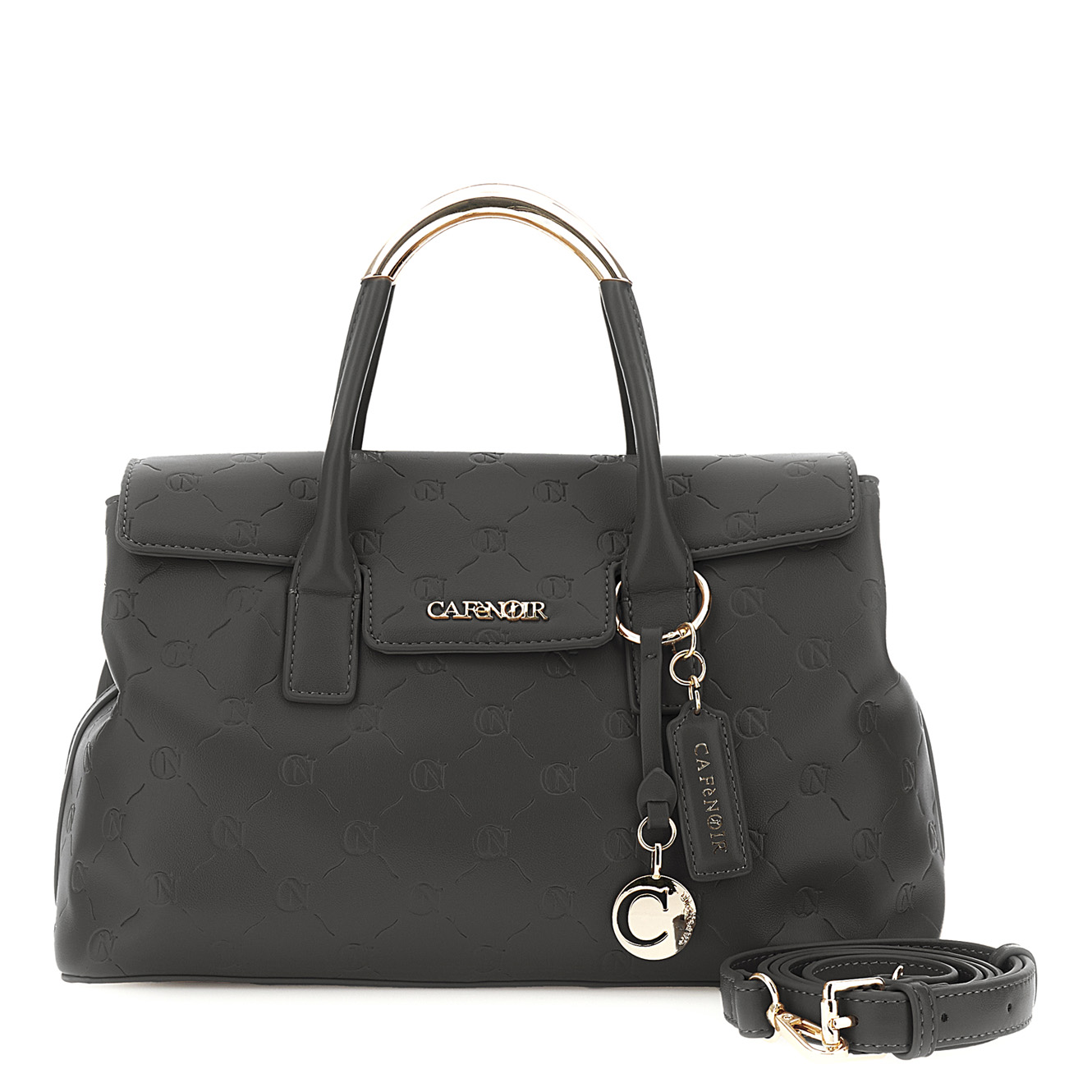 Image of borsa in similepelle con pattina e manici tubolari nero