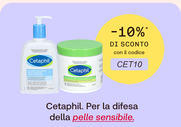 „Banner Cetaphil: emulsione detergente e crema idratante su sfondo lilla. Bollino giallo con testo: ‘-10% di sconto con il codice CET10’. Testo: ‘Cetaphil. Per la difesa della pelle sensibile.’“ „Banner Cetaphil: emulsione detergente e crema idratante su sfondo lilla. Bollino giallo con testo: ‘-10% di sconto con il codice CET10’. Testo: ‘Cetaphil. Per la difesa della pelle sensibile.’“