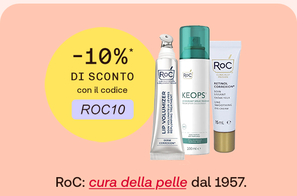 „Banner RoC con prodotti Lip Volumizer, Keops Deodorant Spray e Retinol Correxion Eye Cream su sfondo salmone. Bollino giallo con testo: ‘-10% di sconto con il codice ROC10’. Testo: ‘RoC: cura della pelle dal 1957.’“ „Banner RoC con prodotti Lip Volumizer, Keops Deodorant Spray e Retinol Correxion Eye Cream su sfondo salmone. Bollino giallo con testo: ‘-10% di sconto con il codice ROC10’. Testo: ‘RoC: cura della pelle dal 1957.’“