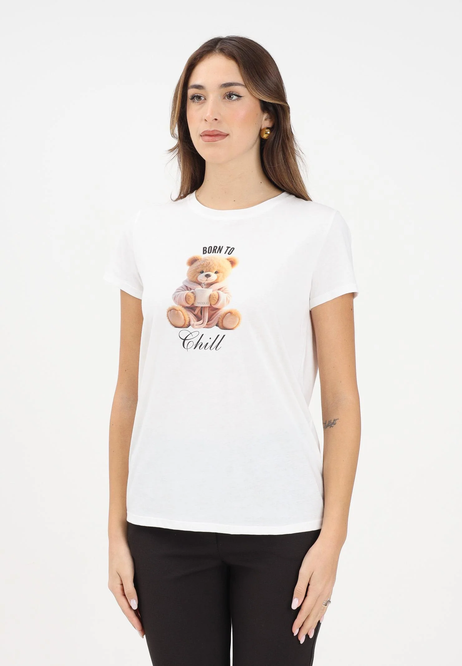 Image of VICOLO T-shirt a manica corta bianca da donna con stampa teddy