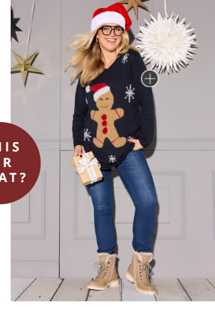 Maglione natalizio con omino di pan di zenzero, scollo a V e maniche lunghe