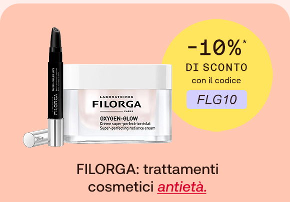 „Banner Filorga con prodotti Oxygen-Glow e matita-trattamento. Bollino giallo con testo: ‘-10% di sconto con il codice FLG10’. Testo: ‘Filorga: trattamenti cosmetici antietà.’ Sfondo salmone chiaro.“ „Banner Filorga con prodotti Oxygen-Glow e matita-trattamento. Bollino giallo con testo: ‘-10% di sconto con il codice FLG10’. Testo: ‘Filorga: trattamenti cosmetici antietà.’ Sfondo salmone chiaro.“