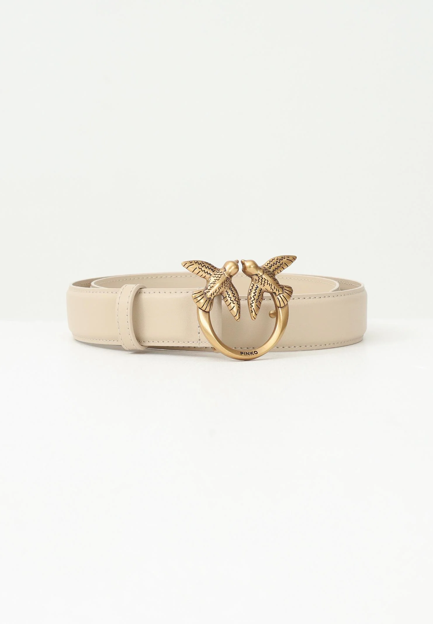 Image of PINKO Cintura Love Birds in morbida pelle mano seta beige da donna