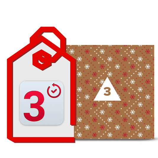 Un contorno rosso di un cartellino del prezzo contenente un'icona bianca con un grande «3&#x22; rosso e una piccola icona di aggiornamento rossa, accanto a un quadrato decorativo marrone con fiocchi di neve rossi e bianchi e un triangolo bianco contenente il numero 3.