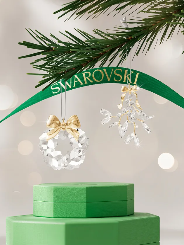 Vischio in cristallo Swarovski e decorazioni a forma di ghirlanda con nastri e confezioni regalo