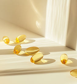 Capsule softgel di omega-3 gialle sparse su una superficie beige leggermente illuminata, con la calda luce solare che crea lunghe ombre e riflessi.