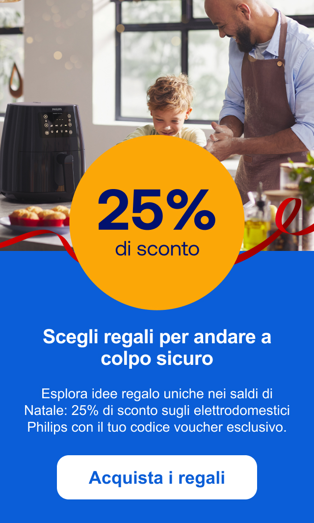 Scegli regali per andare a colpo sicuro. Esplora idee regalo uniche nei saldi di Natale: 25% di sconto sugli elettrodomestici Philips con il tuo codice voucher esclusivo. Acquista i regali