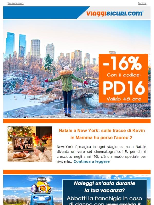 - 16% su tutte le nostre polizze e Natale a New York