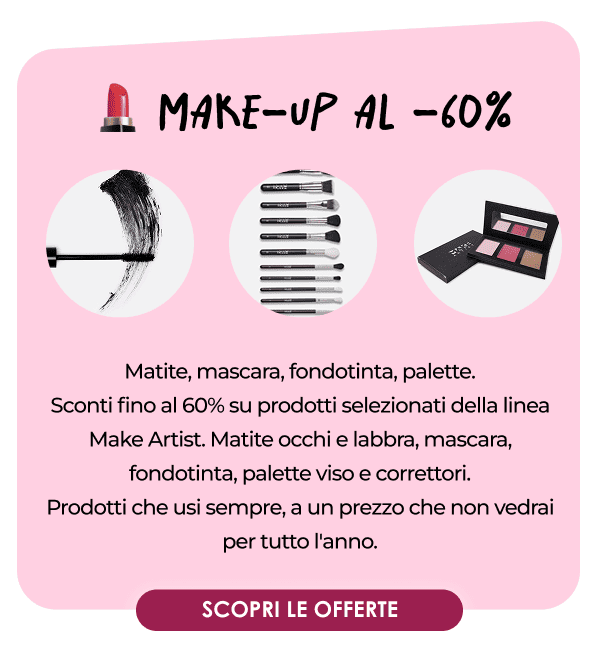 💄 MAKE-UP AL -60% Matite, mascara, fondotinta, palette. Sconti del 60% su prodotti selezionati della linea Make Artist. Matite occhi e labbra, eyeliner, mascara, fondotinta, palette viso e correttori. Prodotti che usi sempre, a un prezzo che non vedrai per tutto l'anno.