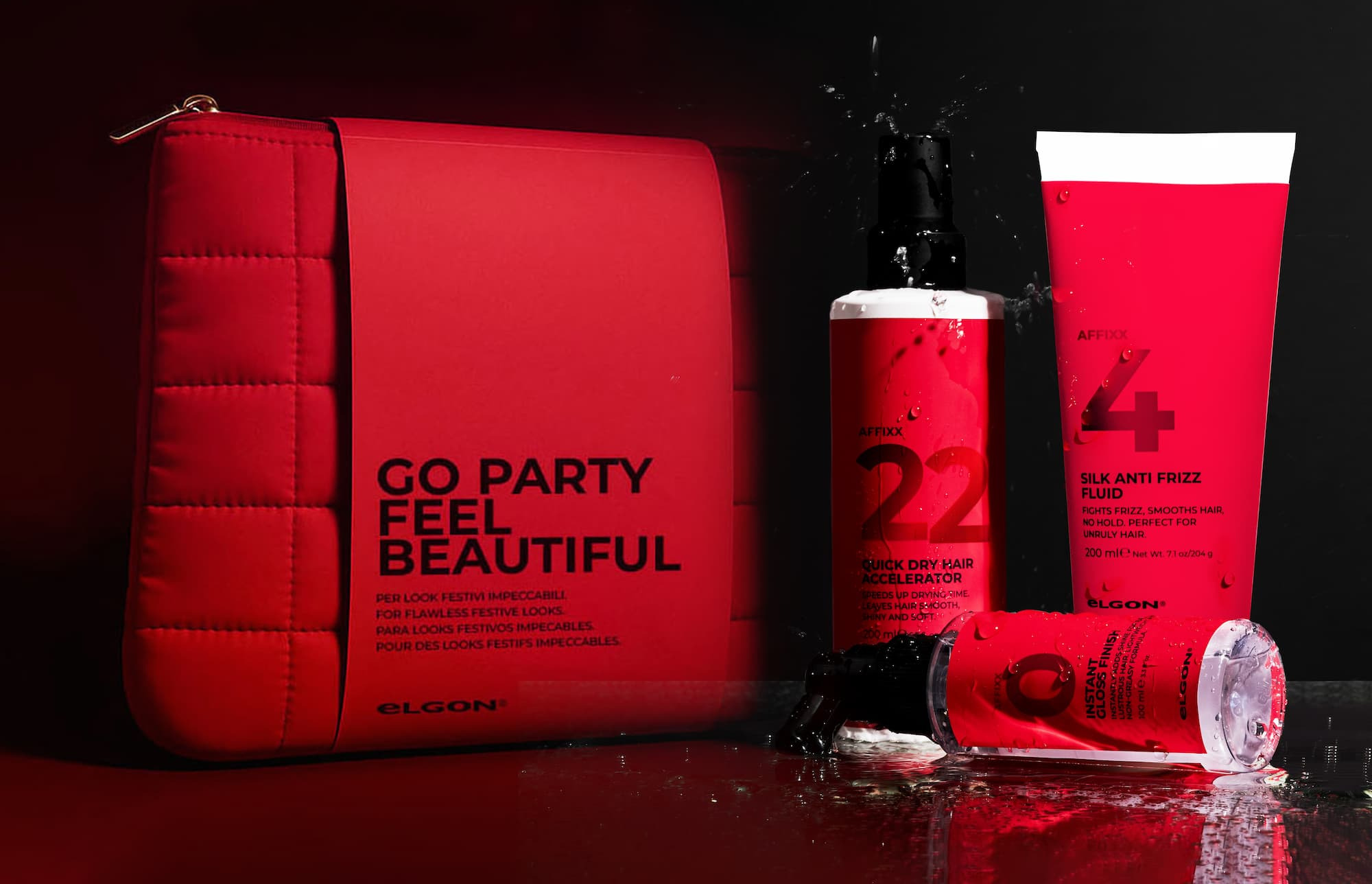 an image of a red purse sitting on a table next to a christmas tree