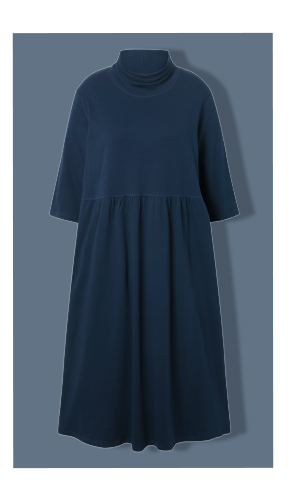 Maxi abito in jersey con collo alto, maniche a 3/4 e cotone biologico