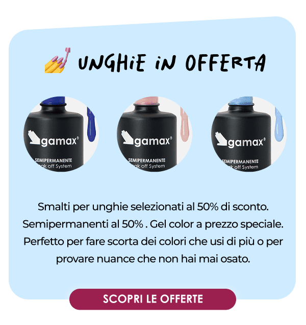 💅 UNGHIE IN OFFERTA 10 lacche al -50%. 5 semipermanenti al -50%. 5 gel color a 3,29 €. Smalti per unghie selezionati al 50% di sconto. Semipermanenti al 50% di sconto. Gel color a prezzo speciale. Perfetto per fare scorta dei colori che usi di più o per provare nuance che non hai mai osato.