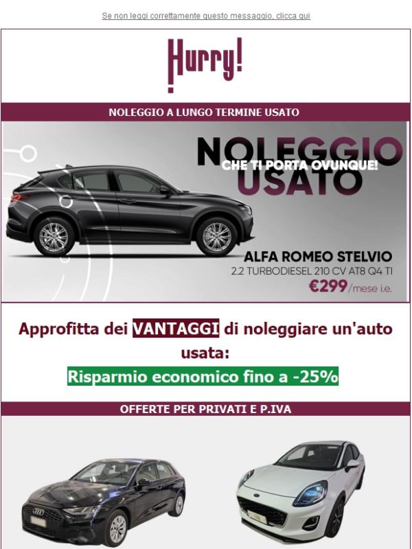 💲FINO al -25% sul NOLEGGIO DI UN' AUTO USATA🚘: Stelvio, A3, XC60, e tante altre!