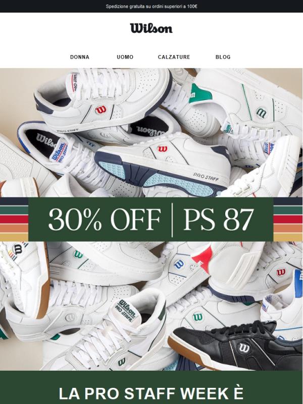 30% di sconto sulle scarpe Pro Staff 87 + 50% di sconto sulle racchette Pro Staff v14