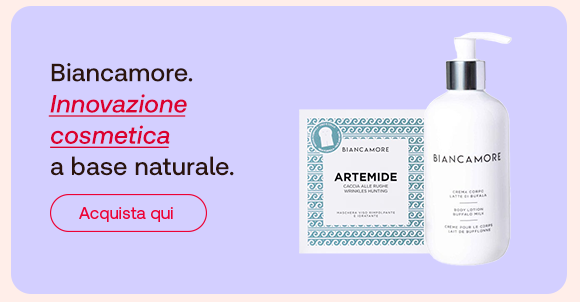 „Banner Biancamore con crema corpo e maschera viso Artemide. Testo: ‘Biancamore. Innovazione cosmetica a base naturale.’ Pulsante rosso: Acquista qui. Sfondo lilla.“