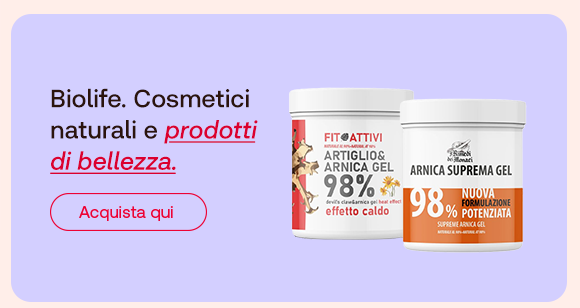 „Banner Biolife con gel Artiglio & Arnica effetto caldo e Arnica Suprema Gel. Testo: ‘Biolife. Cosmetici naturali e prodotti di bellezza.’ Pulsante rosso: Acquista qui. Sfondo lilla.“