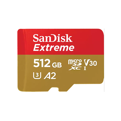 Una scheda di memoria SanDisk Extreme microSDXC da 512 GB con specifiche V30, U3 e A2.
