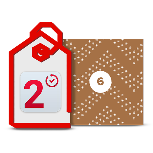 Illustrazione di un cartellino numerato '2' con un simbolo di tempo/ricarica, posizionato davanti a una casella marrone di calendario dell'Avvento con il numero '6' e fiocchi di neve.