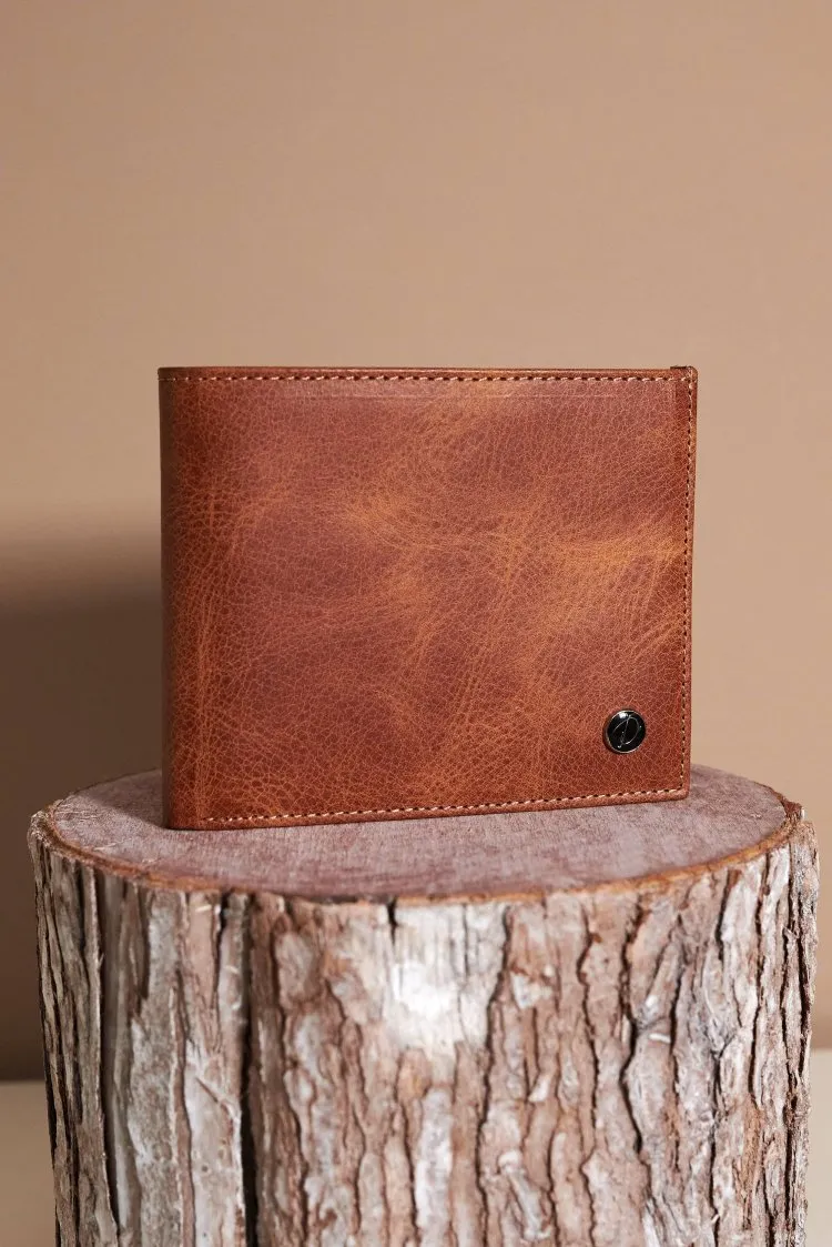 Image of Portafoglio classico in pelle color cuoio compatto pieghevole due ante